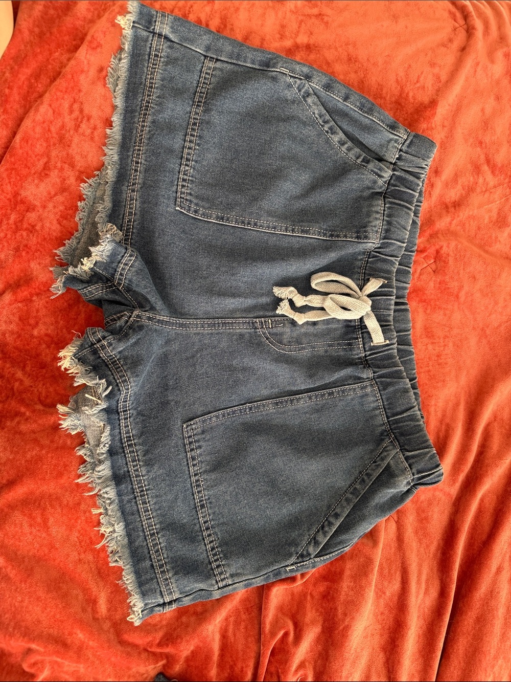 SHEIN Dark Blue Drawstring Frayed Hem Denim Shorts